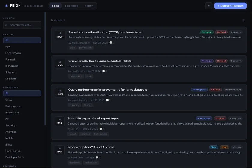 Screenshot of Feature Request Portal